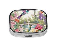 Petit pilulier portable à 2 compartiments en métal pour vitamines - Joli jardin avec oiseaux et fleurs - Pilulier de voyage pour sac à main