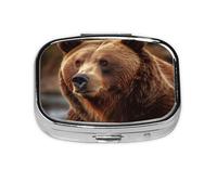 Petit pilulier portable à 2 compartiments en métal pour vitamines - Joli ours grizzly - Pilulier de voyage pour sac à main