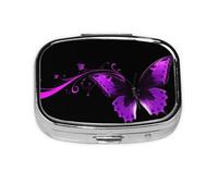 Petit pilulier portable à 2 compartiments en métal pour vitamines - Joli papillon violet et noir - Pour sac à main