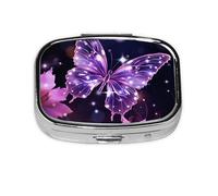 Petit pilulier portable à 2 compartiments en métal pour vitamines - Joli papillon violet - Pour sac à main