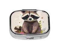 Petit pilulier portable à 2 compartiments en métal pour vitamines - Joli raton laveur - Pour sac à main