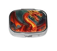 Petit pilulier portable à 2 compartiments en métal pour vitamines - Joli roi dragon dans le feu - Pilulier de voyage pour sac à main