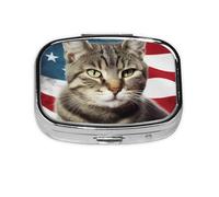 Petit pilulier portable à 2 compartiments en métal pour vitamines - Motif chat américain - Drapeau américain - Pour sac à main