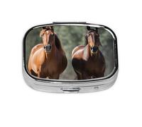 Petit pilulier portable à 2 compartiments en métal pour vitamines - Organisateur de médicaments mignons - Chevaux - Pilulier de voyage pour sac à main