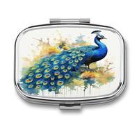 Petit pilulier portable à 2 compartiments - Motif paon - Peinture à l'aquarelle - Pour poche ou sac à main - Pilulier en métal - Organiseur de vitamines