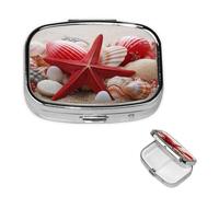 Petit pilulier portable à 2 compartiments - Organisateur de médicaments mignon - Étoile de mer rouge - Coquillages - Pilulier de voyage - Organisateur de vitamines pour contenir des huiles de poisson