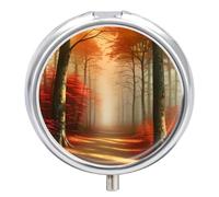 Petit pilulier portable à 3 compartiments pour poche ou sac à main en métal avec miroir - Aquarelle, chemin de forêt d'automne entre les érables