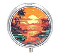 Petit pilulier portable à 3 compartiments pour poche ou sac à main en métal avec miroir - Coucher de soleil vintage avec arbres tropicaux