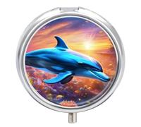 Petit pilulier portable à 3 compartiments pour poche ou sac à main en métal avec miroir - Vue sous-marine colorée des dauphins et des poissons de récif