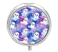 Petit pilulier portable à 3 compartiments pour poche ou sac à main en métal - Jolis fantômes et étoiles - Pilulier de voyage avec miroir - Bleu foncé mélangé rose