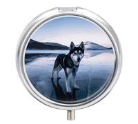 Petit pilulier portable - Chien Husky sur un lac gelé - 3 compartiments - Organiseur de médicaments de voyage avec miroir et bouton de fermeture - Joli étui à médicaments pour sac à main