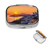 Petit pilulier portable pour poche et sac à main - Joli organisateur de médicaments - Motif île de Grèce - Coucher de soleil - Pilulier de voyage pour vitamines et huiles de poisson