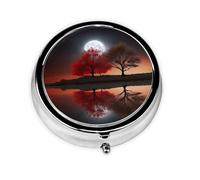 Petit pilulier portable pour poche et sac à main, organiseur de médicaments mignon, arbre rouge, lac et lune, pilulier de voyage pour vitamines et huiles de poisson