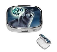 Petit pilulier portable Wolf Under Moon à 2 compartiments en métal pour vitamines - Joli pilulier de voyage pour sac à main