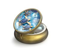 Petit pilulier rétro avec miroir à 3 compartiments pour sac à main ou poche Bronze Portable Médicaments, vitamines, huile de poisson et compléments alimentaires Sans BPA (tortues de mer bleues)