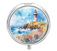 Petit pilulier rond à 3 compartiments pour sac à main ou poche en métal, pour peinture à l'aquarelle, cadeau de voyage - Phare sur les rochers et fleurs sauvages