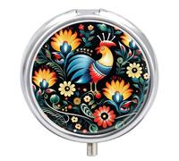 Petit pilulier rond à motif d'art populaire polonais avec miroir - 3 compartiments - Portable - Pour voyage, quotidien, supplément d'huile de poisson