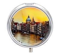 Petit pilulier rond avec miroir 3 compartiments pour sac à main ou poche en métal - Cadeau de voyage - Grand canal d'été de Venise, peinture à l'aquarelle en Italie