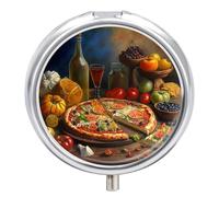 Petit pilulier rond avec miroir - 3 compartiments - Pour sac à main ou poche - En métal - Cadeau de voyage - Pizza Fruits et boissons - Peinture à l'huile