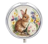 Petit pilulier rond avec miroir à 3 compartiments pour sac à main ou poche en métal - Cadeau de voyage - Lapin de Pâques vintage et œufs de fleurs