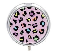 Petit pilulier rond avec miroir à 3 compartiments pour sac à main ou poche en métal - Cadeau de voyage - Imprimé léopard coloré rose, jaune, bleu