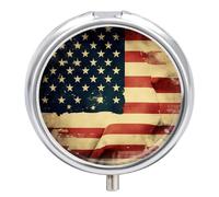 Petit pilulier rond avec miroir à 3 compartiments pour sac à main ou poche en métal - Cadeau de voyage - Drapeaux américains rétro