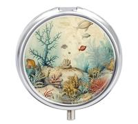Petit pilulier rond avec miroir à 3 compartiments pour sac à main ou poche en métal - Cadeau de voyage - Peinture vintage sur les éléments côtiers de l'océan