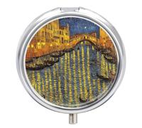 Petit pilulier rond avec miroir à 3 compartiments pour sac à main ou poche en métal - Cadeau de voyage - Paysage de la ville de Venise - Peinture à l'huile