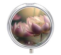 Petit pilulier rond avec miroir à 3 compartiments pour sac à main ou poche en métal - Cadeau de voyage - Fleur de lotus dans l'eau avec le soleil brillant