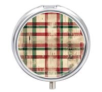 Petit pilulier rond avec miroir à 3 compartiments pour sac à main ou poche en métal - Cadeau de voyage - Motif écossais vert et rouge vintage