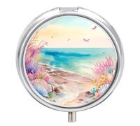 Petit pilulier rond avec miroir à 3 compartiments pour sac à main ou poche en métal - Cadeau de voyage - Coquillages colorés sur la plage