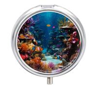 Petit pilulier rond avec miroir à 3 compartiments pour sac à main ou poche en métal - Cadeau de voyage - Un récif de corail coloré dans un océan tropical