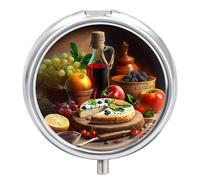 Petit pilulier rond avec miroir à 3 compartiments pour sac à main ou poche en métal - Cadeau de voyage - Peinture pour vin, fruits et pizzas
