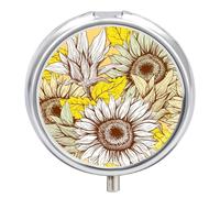 Petit pilulier rond avec miroir à 3 compartiments pour sac à main ou poche en métal - Cadeau de voyage - Peinture florale de tournesol coloré