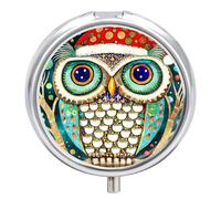 Petit pilulier rond avec miroir à 3 compartiments pour sac à main ou poche en métal - Cadeau de voyage - Hibou portant un chapeau de Père Noël sur fond à pois
