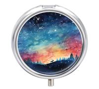 Petit pilulier rond avec miroir à 3 compartiments pour sac à main ou poche en métal - Cadeau de voyage - Horizons de nuit d'hiver et peinture de rennes