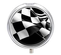Petit pilulier rond avec miroir et 3 compartiments - Motif drapeau à carreaux - Noir et blanc