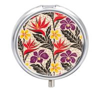 Petit pilulier rond avec miroir et 3 compartiments - Motif fleurs tropicales - Pour voyage quotidien - Jolie boîte à pilules pour supplément d'huile de poisson