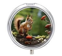 Petit pilulier rond avec miroir et 3 compartiments pour voyage, utilisation en plein air, petit pilulier mignon pour poche ou sac à main Motif écureuil rouge sur une petite colline verte