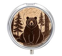 Petit pilulier rond avec poche miroir, 3 compartiments en forme d'ours en bois sculpté - Pour voyage, sac à main et poche