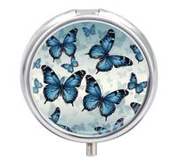 Petit pilulier rond avec poche miroir, 3 compartiments, motif papillon bleu, organisateur de pilules pour voyage, sac à main et poche