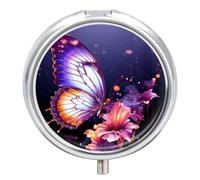 Petit pilulier rond avec poche miroir, 3 compartiments, motif papillon violet pour voyage, sac à main et poche