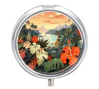 Petit pilulier rond d'été hawaïen avec 3 compartiments - Organiseur de médicaments portable en métal - Mini médicament de voyage - Supplément de vitamines pour sac à main