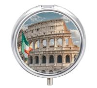 Petit pilulier rond du Colisée romain avec drapeau italien avec 3 compartiments - Organiseur de médicaments portable en métal - Mini médicament de voyage - Supplément de vitamines pour sac à main