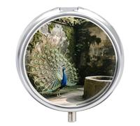 Petit pilulier rond en forme de paon avec miroir - 3 compartiments - Portable - Pour voyage quotidien - Pour supplément d'huile de poisson