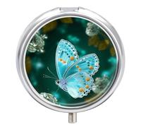 Petit pilulier rond en forme de papillon bleu clair avec miroir - 3 compartiments - Portable - Pour voyage, quotidien, supplément d'huile de poisson