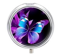 Petit pilulier rond en forme de papillon bleu et violet avec miroir, 3 compartiments, portable, pour voyage, quotidien, supplément d'huile de poisson