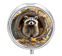 Petit pilulier rond en forme de raton laveur dans un trou d'arbre d'automne avec 3 compartiments - Organiseur de médicaments portable en métal - Mini boîte à médicaments de voyage pour médicaments de