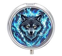 Petit pilulier rond en forme de tête de loup dans des flammes bleues avec 3 compartiments - Organiseur de médicaments portable en métal - Mini boîte à médicaments de voyage pour médicaments et