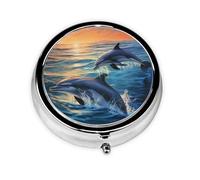 Petit pilulier rond en métal avec 3 compartiments Motif dauphins in the sea